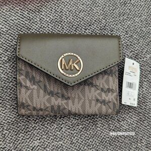 Michael Kors Signature Greenwich Envelope Trifold Wallet Olive Green Monogram